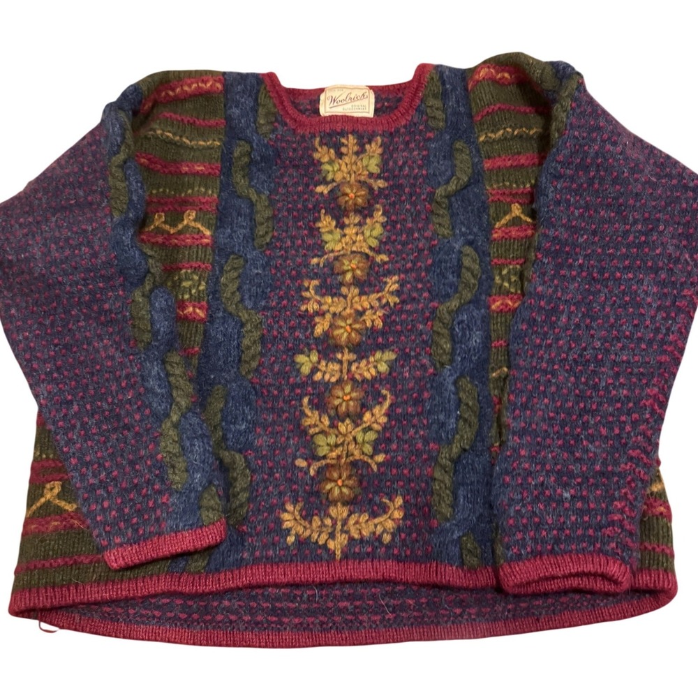 Vintage 90s Woolrich Hand Knit Sweater Women L Floral Embroidered Cottagecore